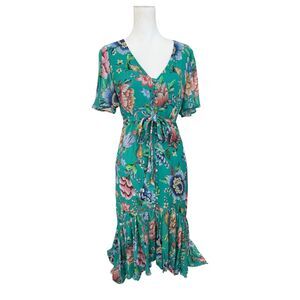 Monsoon Vintage Flowy Romantic Green Floral Tiered Maxi Ruffle Hem‎ Dress Sz 8